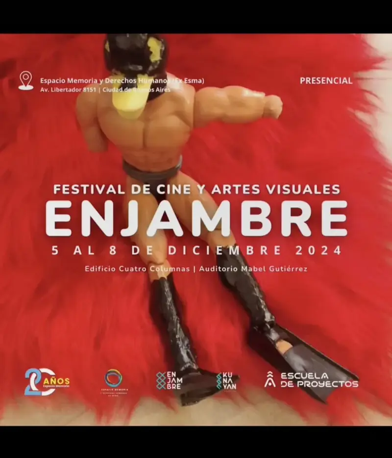 Flyer del Festival de Cine y Artes Visuales Enjambre 2024 en el Espacio Memoria y Derechos Humanos (ex ESMA)