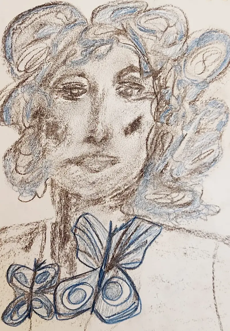 Boceto en carbonilla y pastel: rostro de mujer con mariposas azules — taller de Estela Pacheco