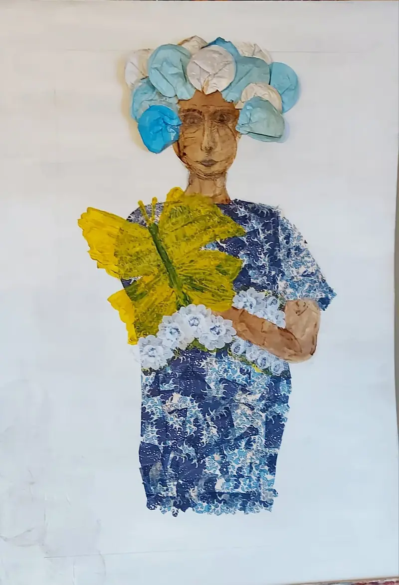Figura de collage con una gran hoja amarilla sobre papel — taller de Estela Pacheco
