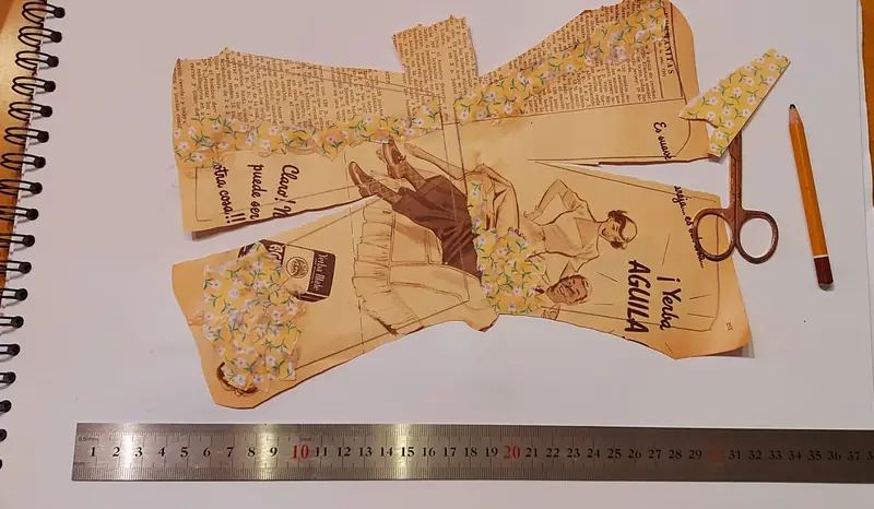 Cuaderno de bocetos con recortes de papel, tijera, lápiz y regla — taller de Estela Pacheco