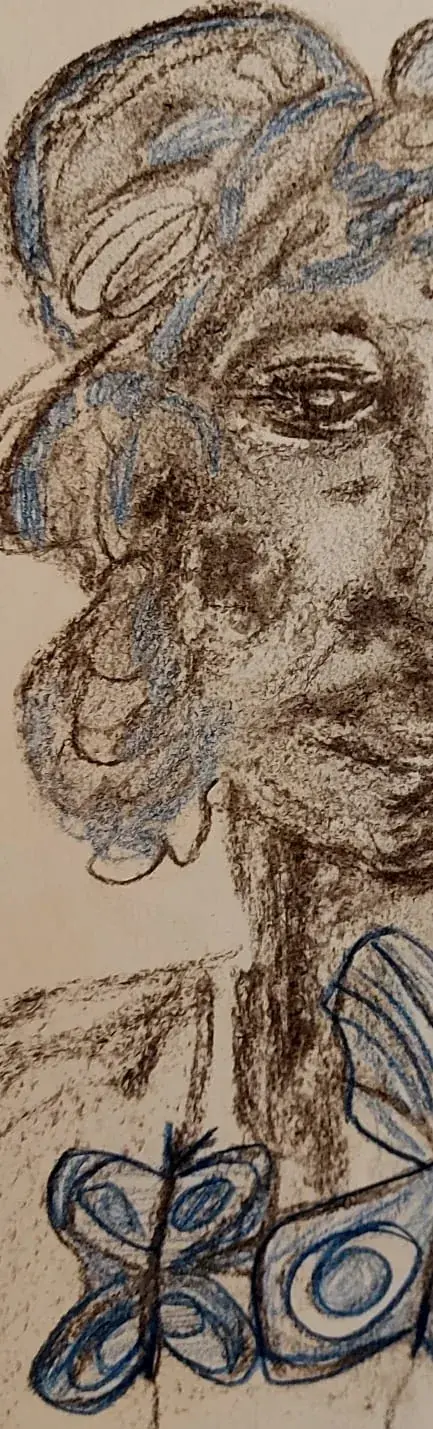 Detalle del boceto en carbonilla: rostro y mariposas — taller de Estela Pacheco